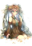  1girl absurdres detached_sleeves dress green_eyes green_hair hatsune_miku head_wreath highres long_hair necktie sitting solo tears_namida twintails very_long_hair vocaloid white_background 