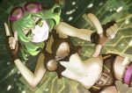  circuit_board dutch_angle fingerless_gloves gloves goggles goggles_on_head green_eyes green_hair gumi leg_garter navel short_shorts shorts syuri22 vocaloid 