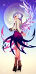  1girl boots dress from_behind full_body full_moon gradient gradient_background hand_on_own_face kishin_sagume kogiso long_sleeves looking_at_viewer looking_back moon profile purple_dress red_eyes short_hair silver_hair single_wing solo touhou vest wings 