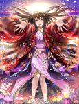  1girl :d brown_eyes brown_hair commentary_request floral_print flower highres japanese_clothes kimono long_hair looking_at_viewer open_mouth original outstretched_arms petals sash smile solo tetrapod_(youhei_1985) tomoe_(symbol) 