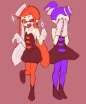  1boy 1girl aori_(splatoon)_(cosplay) blue_hair blue_legwear brown_background covering_face crossdressinging crying detached_collar domino_mask dress embarrassed fangs food food_on_head gloves highres hotaru_(splatoon)_(cosplay) inkling kureson_(o-ginn102) leg_up long_hair looking_at_viewer mask object_on_head one_eye_closed open_mouth orange_eyes orange_hair orange_legwear pantyhose pointy_ears pose shoes short_dress short_hair short_jumpsuit smile sparkle splatoon standing strapless strapless_dress tentacle_hair topknot trembling white_gloves 