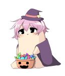  1girl candy cape chibi halloween hat komeiji_satori pink_hair solo su----per_cute touhou twumi white_background 