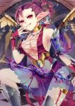  1girl bangle bare_shoulders bracelet breasts candle chain_chronicle cleavage earrings fantasy greaves hand_to_own_mouth highres humo3104 jewelry licking_lips midriff pointy_ears purple_hair rapier sharp_teeth sword tagme tongue tongue_out violet_eyes weapon 