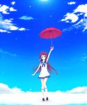  1girl absurdres arm_up blue_eyes brown_hair highres long_hair mukaido_manaka nagi_no_asukara sailor_dress school_uniform serafuku shiro_mayu umbrella 