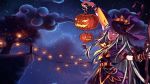  1girl artist_request broom clouds dangan_ronpa double_bun ear_piercing halloween halloween_costume hat highlights highres jack-o&#039;-lantern lantern long_hair looking_at_viewer mioda_ibuki multicolored_hair night piercing pumpkin rope_bridge solo super_dangan_ronpa_2 tree wallpaper witch witch_hat 