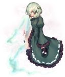  1girl dress frills full_body ghost_tail green_dress green_eyes green_hair hat hat_removed headwear_removed kaiza_(rider000) leg_up long_sleeves looking_at_viewer puffy_sleeves short_hair soga_no_tojiko solo touhou wide_sleeves 