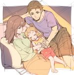  1boy 2girls barefoot brown_eyes brown_hair cargo_shorts child closed_eyes family father_and_daughter hands_together holding_hands husband_and_wife long_hair mother_and_daughter multiple_girls murakami_hisashi pillow sandwiched senki_zesshou_symphogear short_hair shorts sleeping smile tachibana_akira_(symphogear) tachibana_hibiki_(symphogear) younger 