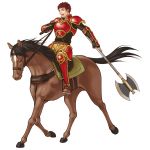  1boy armor axe fire_emblem fire_emblem:_souen_no_kiseki highres holding_weapon horse kita_senri looking_at_viewer official_art open_mouth red_eyes redhead riding simple_background spaulders weapon white_background 