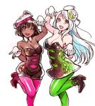  2girls :d ;d aori_(splatoon) aori_(splatoon)_(cosplay) breasts brown_eyes brown_hair cleavage cosplay dark_skin detached_collar eve_santaclaus gloves hat high_heels hotaru_(splatoon) hotaru_(splatoon)_(cosplay) idolmaster idolmaster_cinderella_girls long_hair looking_at_viewer multiple_girls natalia_(idolmaster) nekomata_naomi open_mouth simple_background smile splatoon white_background white_gloves white_hair wink yellow_eyes 