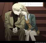  1boy 1girl anna_liebert blonde_hair blue_eyes bret13 brother_and_sister brown_hair hands_together head_on_shoulder jacket johan_liebert letterboxed monster_(manga) official_style siblings sitting stairs twins watermark web_address 