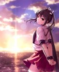  1girl arms_behind_back breastplate brown_eyes brown_hair clouds flight_deck hair_ribbon highres kantai_collection looking_at_another looking_at_viewer nicoby ocean pleated_skirt puffy_short_sleeves puffy_sleeves ribbon shirt short_sleeves skirt sky smile solo sunset twintails zuikaku_(kantai_collection) 