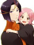  1boy 1girl :d ayasegawa_yumichika bleach blush_stickers brown_eyes kusajishi_yachiru nuku open_mouth pink_hair purple_hair short_hair smile violet_eyes 