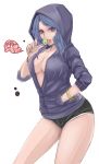  1girl alternate_costume blue_hair bracelet breasts candy chupa_chups cleavage hand_in_pocket highres hoodie jewelry kumoi_ichirin lollipop long_hair long_sleeves looking_at_viewer seiya_(cardigan) shorts simple_background solo tongue tongue_out touhou unzan unzipped violet_eyes white_background 