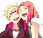  1boy 1girl ahoge blonde_hair blush boruto:_naruto_the_movie forehead_protector grandmother_and_grandson grin hair_ornament hairclip jacket jewelry long_hair naruto necklace redhead shakata_(syakatan) short_hair smile uzumaki_boruto uzumaki_kushina 