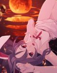  1girl absurdres afloat animal_ears blurry bracelet finger_to_mouth haruwakame highres jewelry long_hair looking_at_viewer moon no_pants open_mouth purple_hair rabbit_ears red_eyes red_moon reflection reisen_udongein_inaba ribbon shirt sleeveless solo touhou upside-down water 