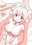  1girl animal_ears blush bowtie breasts cleavage dated di_gi_charat dutch_angle happy_birthday huge_breasts leaning_forward looking_at_viewer monochrome pink rabbit_ears saiste sketch smile solo twintails usada_hikaru 