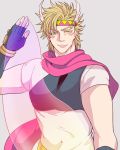  1boy blonde_hair bubble caesar_anthonio_zeppeli facial_mark feathers fingerless_gloves gloves green_eyes hair_feathers jojo_no_kimyou_na_bouken pink_scarf scarf smirk solo youna000 