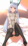  1girl black_legwear blue_hair blush brown_eyes headgear highres inuhasiru kantai_collection long_hair looking_at_viewer murakumo_(kantai_collection) panties panties_under_pantyhose pantyhose sidelocks sitting smile solo sweater thighband_pantyhose underwear 