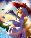  1girl after_rain alternate_costume animal_ears backlighting blonde_hair breasts clouds commentary_request fox_ears fox_tail highres holding_umbrella ice japanese_clothes kimono light_smile looking_at_viewer mountain multiple_tails noel_(noel-gunso) obi oriental_umbrella perspective rain rainbow sash solo sun sunlight tail touhou uchikake umbrella white_kimono yakumo_ran yellow_eyes 