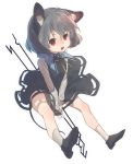  1girl animal_ears dowsing_rod full_body grey_hair long_sleeves looking_at_viewer misti mouse_ears mouse_tail nazrin open_mouth red_eyes ribbon shirt shoes short_hair simple_background skirt skirt_set smile socks solo tail touhou vest white_background white_legwear 