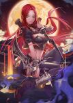  1girl black_legwear bracelet breastplate breasts cleavage dual_wielding full_moon green_eyes jewelry katarina_du_couteau knife league_of_legends long_hair meteor_shower midriff moon navel redhead san_yu_pian shorts solo spiked_bracelet spikes thigh-highs yellow_moon 