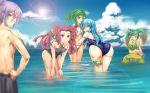  2boys 4girls ass blush clouds cloudy_sky commentary_request duel_monster gishki_ariel gishki_avance gishki_emilia highres inshou kamui_hope_of_gusto looking_at_viewer multiple_boys multiple_girls ocean partially_submerged reeze_whirlwind_of_gusto sky smile solo_focus sunlight swimsuit wet winda_priestess_of_gusto yuu-gi-ou 