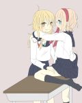  2girls alice_margatroid alternate_costume black_legwear blonde_hair blue_hair blush braid contemporary couple hairband hug kirisame_marisa long_hair multiple_girls no_hat school_uniform short_hair side_braid smile tongue tongue_out touhou tsuno_no_hito yellow_eyes yuri 