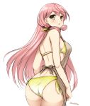  1girl :o akashi_(kantai_collection) apron ass back bare_shoulders bikini breasts don_(29219) green_eyes hair_ornament hair_ribbon kantai_collection long_hair looking_at_viewer looking_back open_mouth pink_hair ribbon simple_background solo swimsuit tress_ribbon twitter_username white_background 