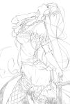  1girl belt character_request commentary_request copyright_request dress fishnets flower gloves hair_flower hair_ornament highres long_hair looking_up monochrome niwatazumi pointy_ears scabbard sheath sleeveless sleeveless_dress solo sword weapon 