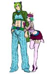  1boy 1girl aqua_hair arm_hug fishnet_pantyhose fishnets genderswap green_hair hat jojo_no_kimyou_na_bouken kotatsu_(g-rough) kuujou_jolyne long_coat narciso_anasui pantyhose thigh-highs 