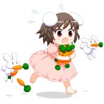  1girl :3 barefoot bebeneko brown_hair bunny_tail carrot commentary_request dress flying_sweatdrops inaba_tewi open_mouth pink_dress short_hair short_sleeves tail touhou |_| 
