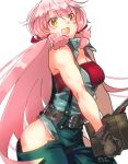  1girl akashi_(kantai_collection) alternate_costume bandeau bare_shoulders blush breasts cleavage green_eyes hair_ribbon hip_vent kantai_collection long_hair looking_at_viewer open_mouth overalls pink_hair ribbon smile solo strapless tress_ribbon tubetop twintails twitter_username zinnrikisya 