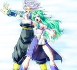  1boy 1girl back-to-back blue_eyes breasts cleavage_cutout crossover detached_sleeves dragon_ball dragon_ball_z green_hair highres holding_hands interlocked_fingers kamishima_kanon kochiya_sanae large_breasts lavender_hair long_hair midriff open_mouth skirt touhou trunks_(dragon_ball) 