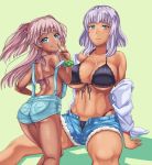  2girls :q ass bare_shoulders blue_eyes breasts cleavage dark_skin denim denim_shorts flat_gaze hai_ookami highres large_breasts long_hair looking_at_viewer midriff multiple_girls navel original overalls pink_eyes pink_hair purple_hair short_shorts shorts simple_background skindentation strap_slip suspenders tongue tongue_out yellow_background 