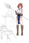  1girl ass bare_shoulders boots brown_boots character_request copyright_request elel185 flower foreshortening from_below hair_flower hair_ornament hairband red_eyes redhead short_hair simple_background staff thigh-highs thong white_background white_legwear 