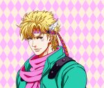  1boy argyle argyle_background blonde_hair caesar_anthonio_zeppeli facial_mark green_eyes headband jacket jojo_no_kimyou_na_bouken male_focus solo upper_body winged_hair_ornament yukiya_(utatanekoron) 