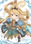  &gt;:( 1girl bangs black_boots blonde_hair blue_dress blue_eyes boots breastplate charlotte_(granblue_fantasy) crown dress frilled_dress frills frown gauntlets granblue_fantasy holding holding_sword holding_weapon long_hair looking_away looking_to_the_side o_(pixiv11118909) pointy_ears puffy_short_sleeves puffy_sleeves shield short_sleeves simple_background solo standing sword water weapon white_background 