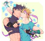  2boys black_hair blonde_hair brown_hair bubble caesar_anthonio_zeppeli headband jojo_no_kimyou_na_bouken joseph_joestar_(young) koeri midriff multiple_boys pointing star 