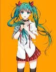  1girl chico907 choker green_eyes green_hair hatsune_miku long_hair open_mouth orange_background skirt solo thigh-highs twintails very_long_hair vocaloid 
