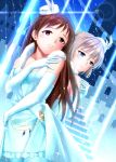  2girls anastasia_(idolmaster) bare_shoulders blue_eyes breasts brown_eyes brown_hair dress elbow_gloves gloves hat idolmaster idolmaster_cinderella_girls long_hair multiple_girls nitta_minami pantyhose pure_white_memories rumil short_hair silver_hair 