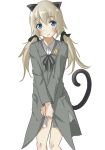  1girl animal_ears blonde_hair blue_eyes blush cat_ears cat_tail cosplay gertrud_barkhorn gertrud_barkhorn_(cosplay) hair_ribbon helma_lennartz long_hair military military_uniform ribbon solo strike_witches tail twintails uniform 
