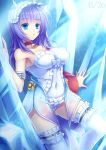  1girl aqua_eyes armpits bare_shoulders bell bell_collar blue_eyes breasts character_request collar commentary_request copyright_request covered_navel crystal dated dress headdress hino_(mooncalf+t) large_breasts long_hair purple_hair solo thigh-highs white_dress white_legwear 