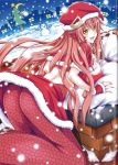  1girl :d absurdres artist_request capelet chimney fang fingerless_gloves fur_trim gloves hair_ornament hairclip hat highres jpeg_artifacts lamia long_hair miia_(monster_musume) monster_girl monster_musume_no_iru_nichijou open_mouth pointy_ears redhead santa_costume santa_hat scales slit_pupils smile snowing snowman solo very_long_hair yellow_eyes 