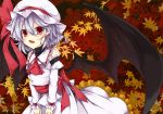  1girl akisome_hatsuka ascot autumn_leaves bare_shoulders bat_wings bow detached_sleeves earrings fang hat hat_bow jewelry lavender_hair mob_cap open_mouth pointy_ears red_eyes remilia_scarlet sash solo touhou wings wrist_cuffs 