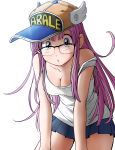  1girl alternate_form baseball_cap blue_eyes breasts cleavage clothes_writing dr._slump eichi1219 glasses hat leaning_forward long_hair looking_at_viewer norimaki_arale off_shoulder purple_hair shirt sleeveless sleeveless_shirt solo violet_eyes white_background winged_hat 