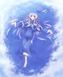  1girl blue_dress blush character_request clouds cloudy_sky commentary_request copyright_request dress hat hat_removed headwear_removed hino_(mooncalf+t) long_hair partially_submerged reflection silver_hair sky smile solo violet_eyes water 