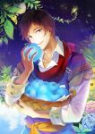  basket blue_apple flower holding hydrangea jewelry leaf necklace open_mouth original red_eyes rkukrion44 short_hair solo studs 