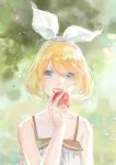  1girl apple blonde_hair blue_eyes dress food fruit hair_ribbon kagamine_rin moss_(2225028) ribbon short_hair solo sundress vocaloid 