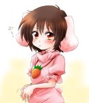  1girl animal_ears blush brown_hair bunny_tail carrot_necklace commentary_request dress hands_together inaba_tewi looking_at_viewer pout puffed_cheeks rabbit_ears red_eyes short_hair shy solo tail touhou unya 