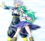  1boy 1girl back-to-back blue_eyes boots breasts brown_boots crossover detached_sleeves dragon_ball dragon_ball_z green_hair highres holding_hands interlocked_fingers kamishima_kanon kochiya_sanae large_breasts lavender_hair long_hair midriff open_mouth skirt touhou trunks_(dragon_ball) 
